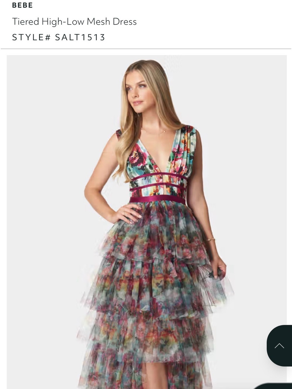 bebe Floral Multicolor Tiered High-Low Mesh Gown